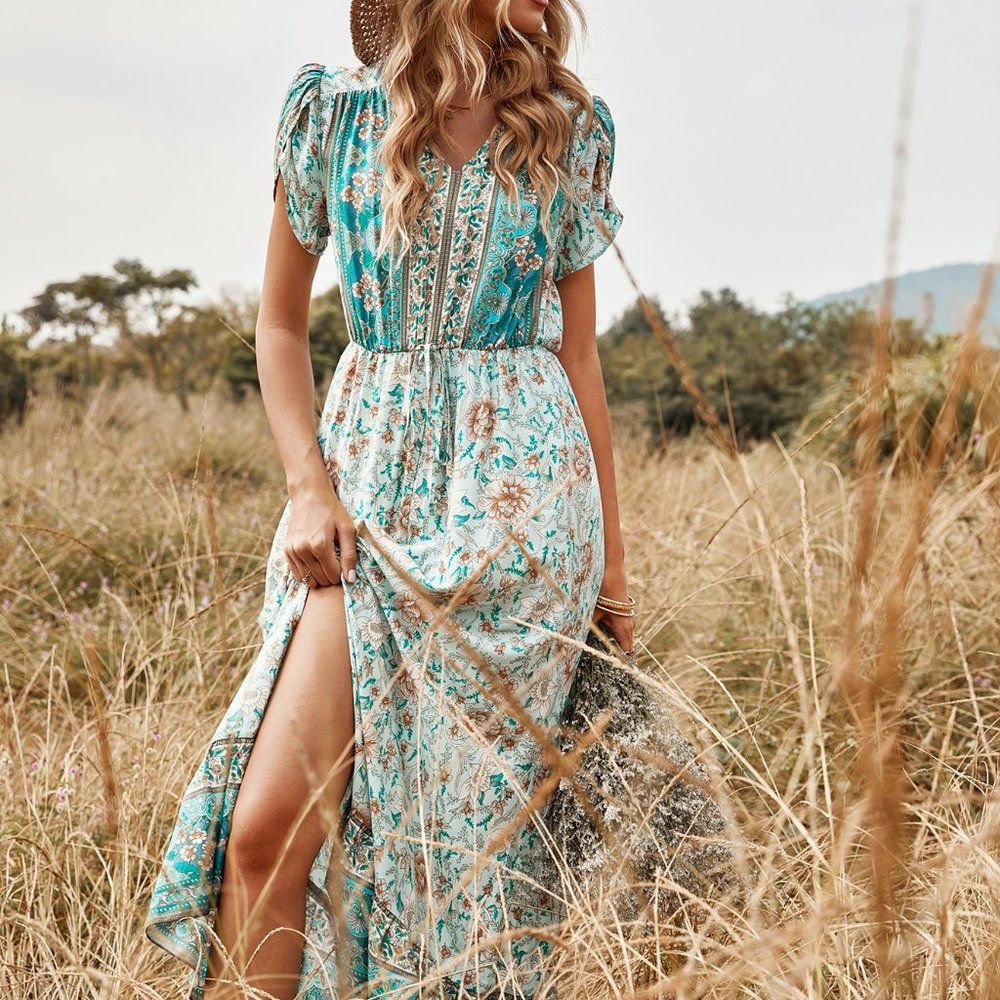 New Floral Print Tie Front Split Thigh Dress Green